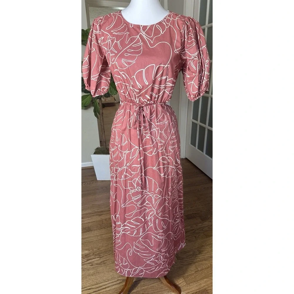 Lush Caramel Abstract Puff Sleeve Cutout Midi Dress Size M NWT 100% Cotton - Picture 4 of 12